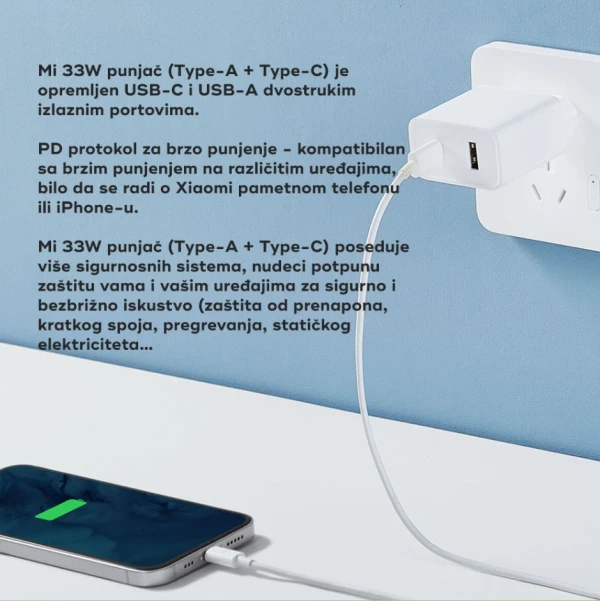 Xiaomi 33W Charging Combo (Type-A) USB-A EU  adapter+ kabl Tip-C punjac