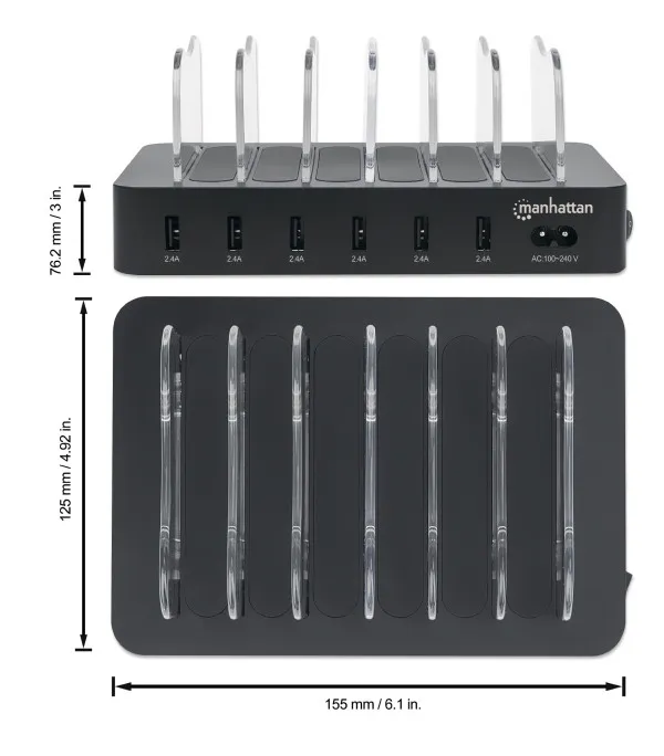 USB punjač 6-port Manhattan 102254 5V/2.4V/50W/držač za telefon Crni