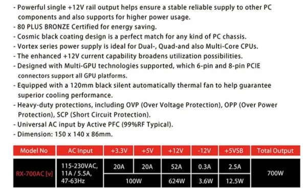 Napajanje 700W Raidmax Vortex RX-700AC-V, Crno 80+ Bronze