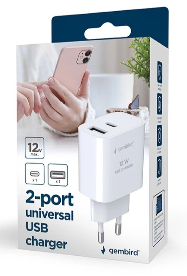 TA-UC-2AC12-01-BK Gembird USB punjac, 2-port USB-A+ USB-C, 2.4 A, Black
