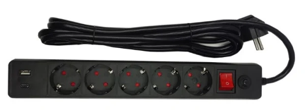 SPG5-B-10(3G1.5)**Gembird produzni kabl sa zastitom i 5 uticnica, 5V/3.1A USB-A+C 16A/3500W 3m (765)