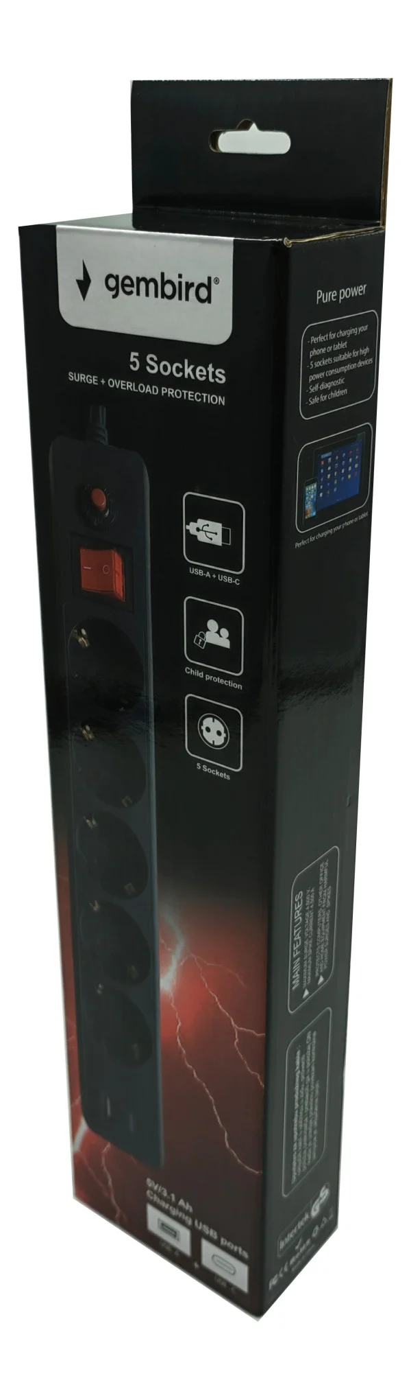 SPG5-B-10(3G1.5)**Gembird produzni kabl sa zastitom i 5 uticnica, 5V/3.1A USB-A+C 16A/3500W 3m (765)