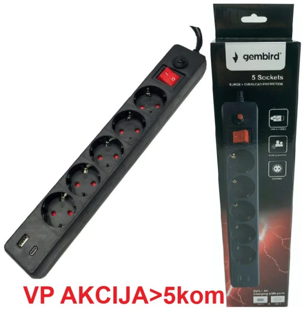 SPG5-B-10(3G1.5)**Gembird produzni kabl sa zastitom i 5 uticnica, 5V/3.1A USB-A+C 16A/3500W 3m (765)