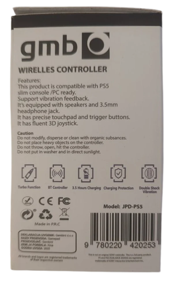 JPD-PS5 Grey-White PC/PS5 Gembird Bezicni gamepad sa vibracijom, zvucnik, 3,5mm, touchpad, trigger