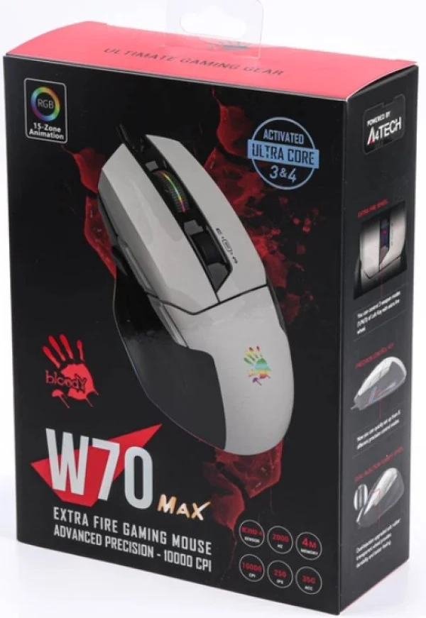 A4-W70 MAX PANDA WHITE A4Tech Bloody RGB Gejmerski opricki mis, 2000Hz/100-10.000 Dpi, USB 126mm