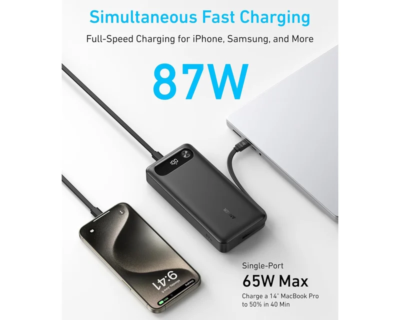 ANKER 20000mAh, 87W, sa ugrađenim USB-C kablom na izvlačenje, Power Bank crni