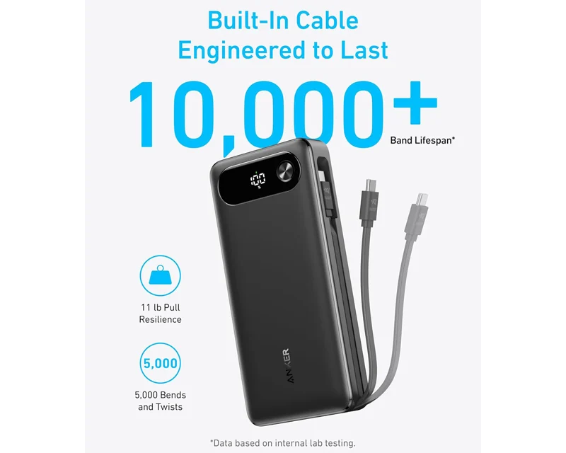 ANKER 20000mAh, 87W, sa ugrađenim USB-C kablom na izvlačenje, Power Bank crni