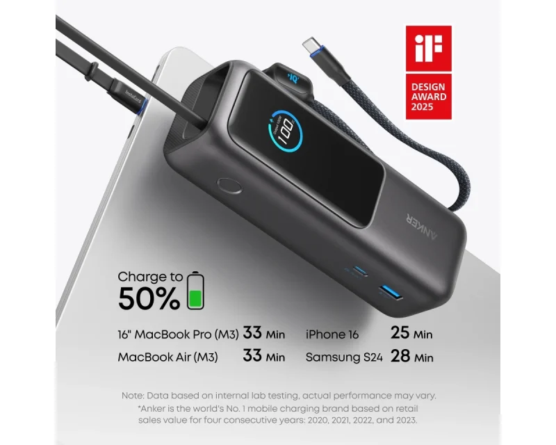 ANKER 25000mAh, 165W, sa ugrađenim USB-C kablom na izvlačenje, Power Bank za laptop crni
