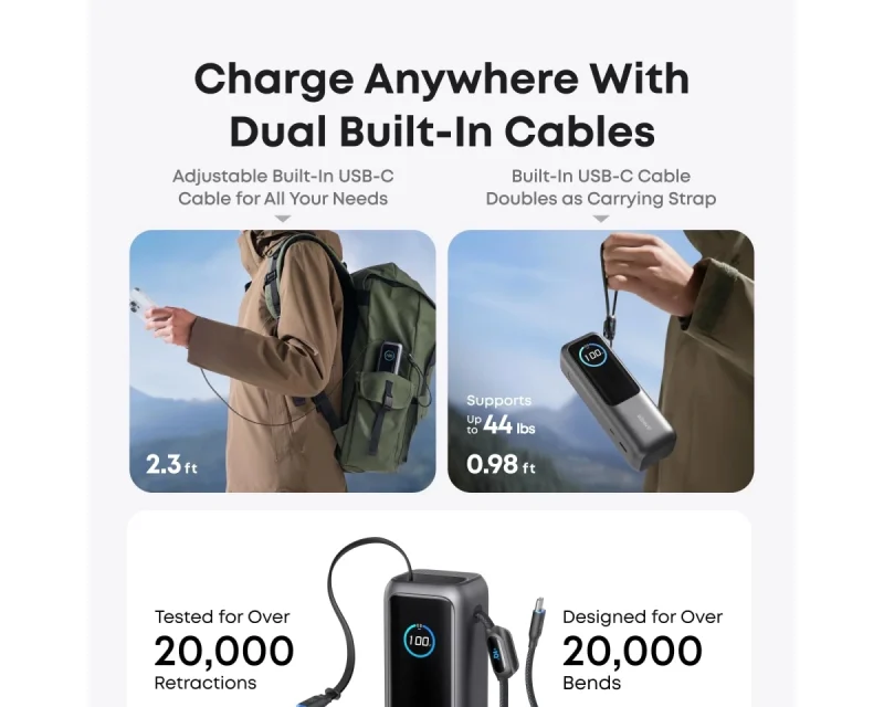 ANKER 25000mAh, 165W, sa ugrađenim USB-C kablom na izvlačenje, Power Bank za laptop crni