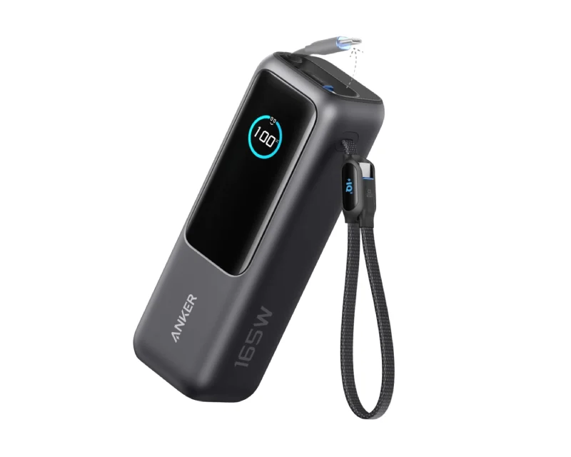ANKER 25000mAh, 165W, sa ugrađenim USB-C kablom na izvlačenje, Power Bank za laptop crni