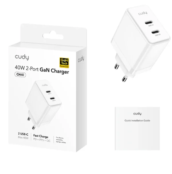 Cudy CH40_EU Brzi punjac za telefone,laptopove I tablete PD+PPS+QC, 2× USB-C , 40W