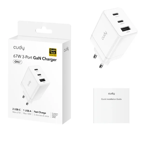 Cudy CH67_EU Brzi punjac za telefone i tablete 2xUSB-C/1XUSB-A, 67W