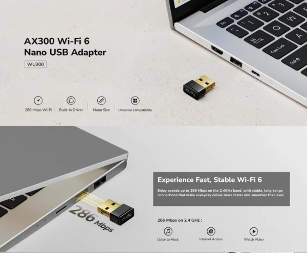 Cudy WU300, AX300 Wi-Fi 6 Nano USB adapter, 2.4 GHz, 286 Mbps