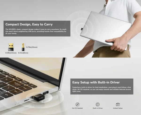 Cudy WU300, AX300 Wi-Fi 6 Nano USB adapter, 2.4 GHz, 286 Mbps
