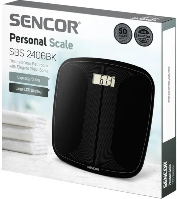 SENCOR Vaga SBS 2406BK,kaljeno staklo,crna,LCD ekran,do 150 kg, 315 x 300 x 22 mm