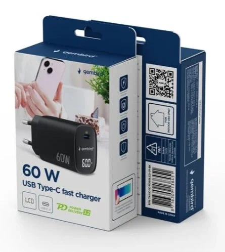 TA-UC-1C-PD60LCD-01-BK Gembird USB punjac 60W USB Type-C fast charger, LCD, black