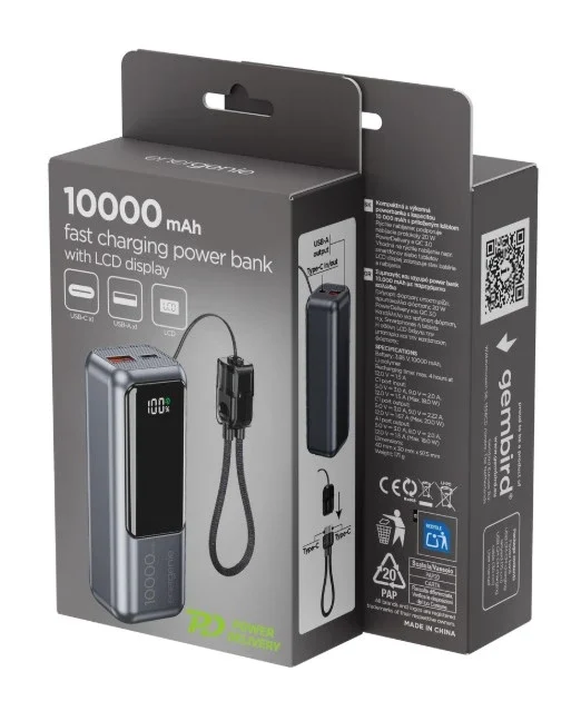 PB10-PD20-LCD-02 Gembird 20W Kompaktna baterija za brzo punjenje sa LCD ekranom, 10000 mAh