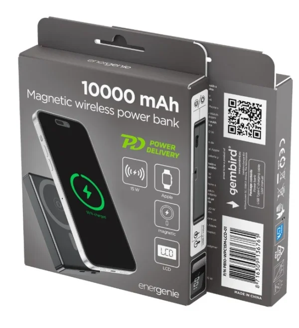 PB10-WPC15M-LCD-01 Gembird 15 W magnetni bežièni prenosni punjaè LCD, 10000 mAh, crni