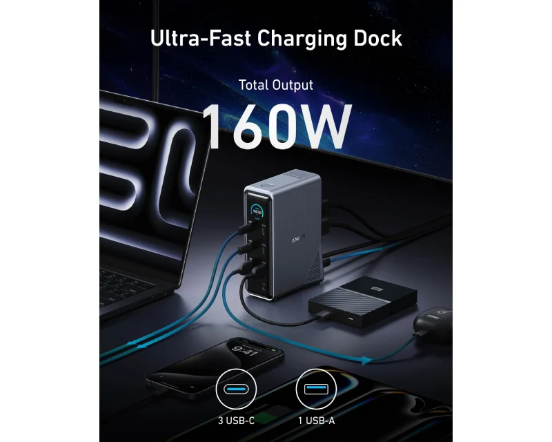 ANKER Prime Docking Stanica 160W, 14u1, Dual Display, siva