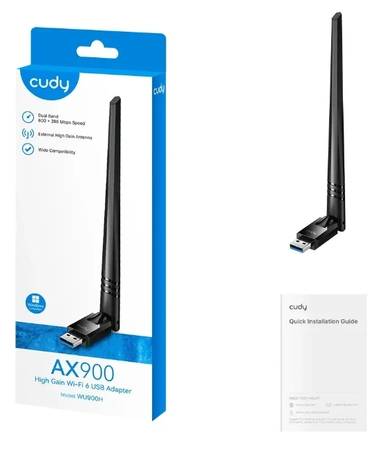 Cudy WU900H,AX900 Wi-Fi 6 Bluetooth 5.4 USB adapter sa visokim pojaèanjem,V1.0, 600 Mbps + 286 Mbp