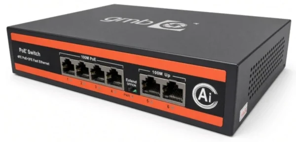 POE-FS1006P GMB Switch,IEEE802.3af/at, 4 PoE 10/100M, 2 UP-link 100/100M,52V 65W, 30W/PoE, VLAN 250m