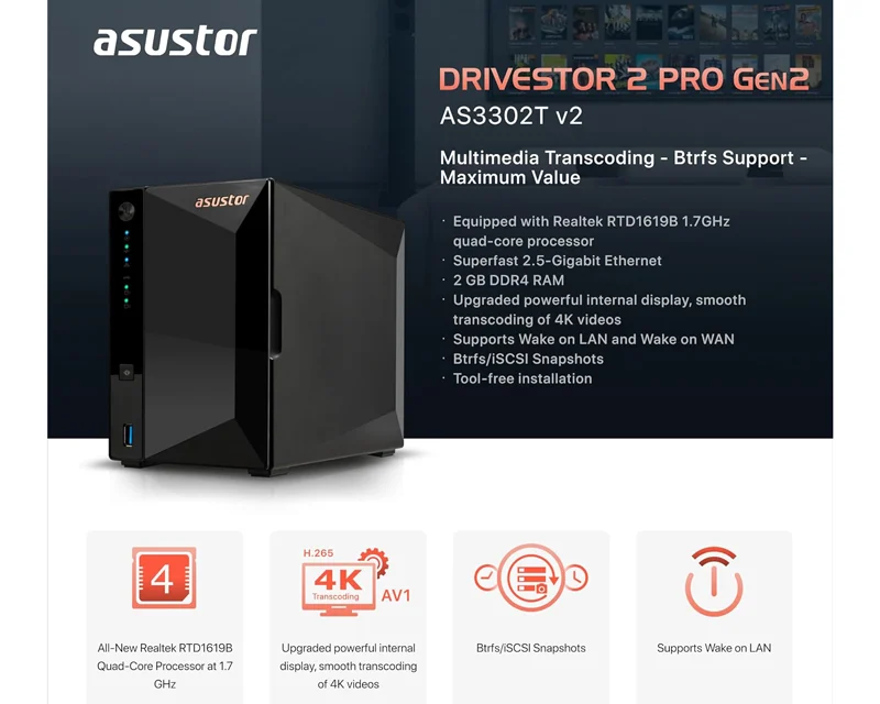 ASUSTOR NAS Storage Server DRIVESTOR 2 Pro AS3302T v2