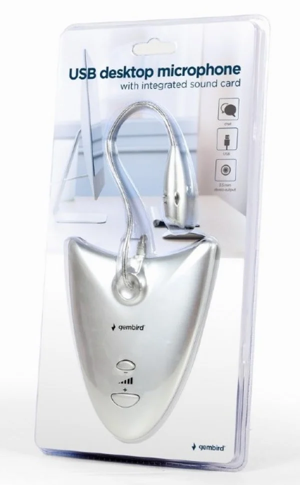MIC-DU-01 Gembird Desktop mikrofon sa integrisanom zvucnom karticom, savitljivo telo, silver, 3.5mm