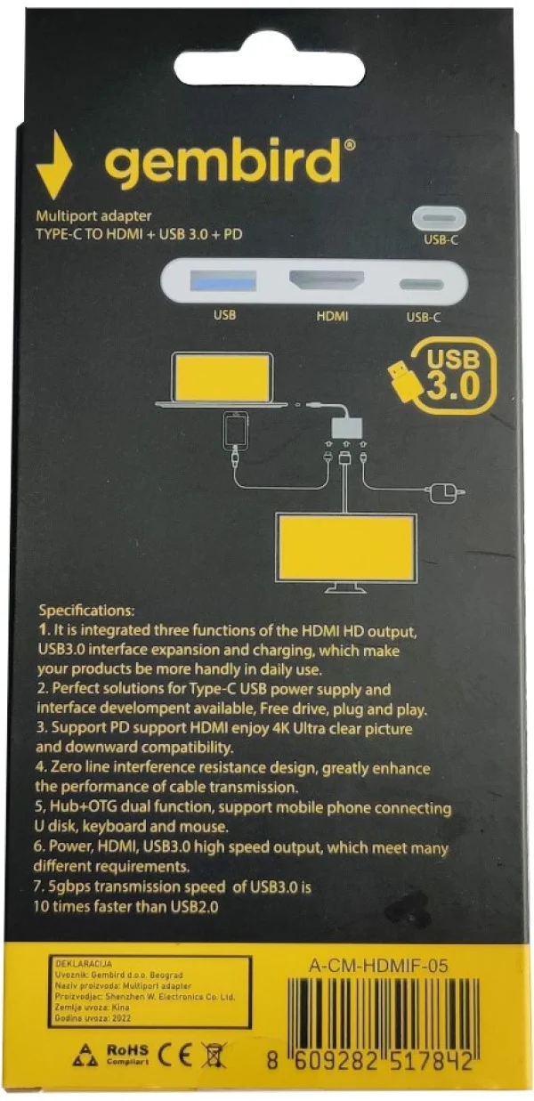 A-CM-HDMIF-05 ** Gembird TYPE-C TO HDMI + USB3.0 + PD ALUMINIUM ( 735)