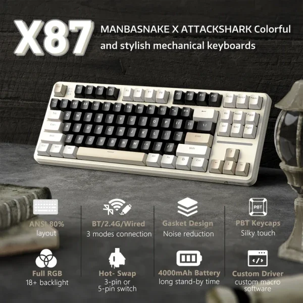 Bežična gaming tastatura Attack Shark X87 Mehanička/TriMode/4000mAh/Hot Swap/Cheese White