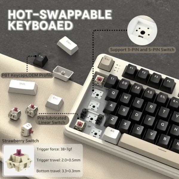 Bežična gaming tastatura Attack Shark X87 Mehanička/TriMode/4000mAh/Hot Swap/Cheese White
