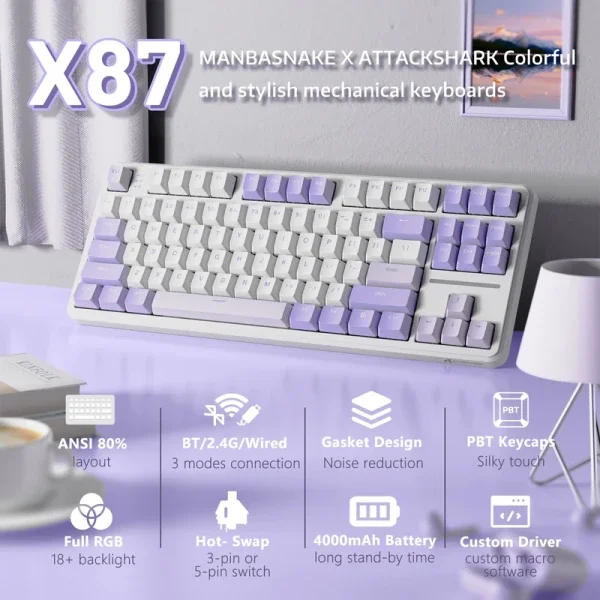 Bežična gaming tastatura Attack Shark X87 Mehanička/TriMode/4000mAh/Hot Swap/Twilight
