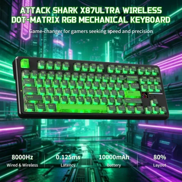 Bežična gaming tastatura Attack Shark X87 Ultra Mehaniča/8KHz/Tri-Mode/Dot-Matrix Screen/Shadow Jade
