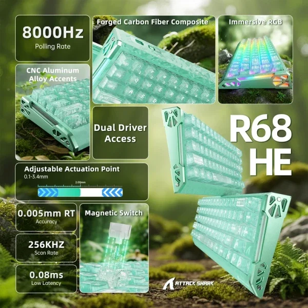 Bežična gaming tastatura Attack Shark R68HE Magnetic Switches/RT/Snap Tap/DKS/MT/TGL/Lake Green
