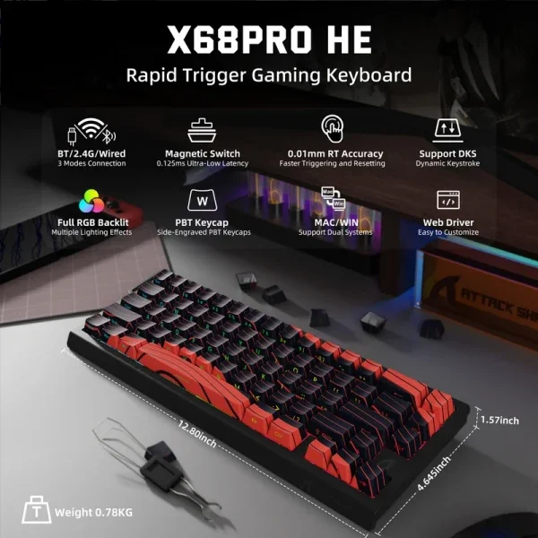 Bežična gaming tastatura Attack Shark X68Pro HE Magnetic Swith/8KHz/TriMode/RT/SnapTap/Black red