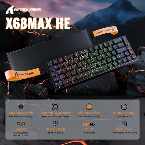 Gaming tastatura Attack Shark X68MAX Magnetic Switches/RT/SnapTap/DKS/MT/TGL/Aluminium/Black cont