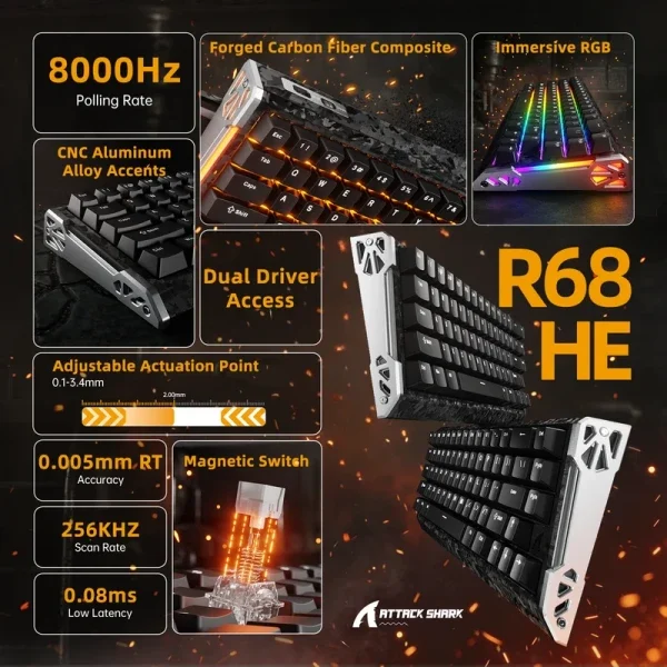 Bežična gaming tastatura Attack Shark R68HE Magnetic Switches/RT/Snap Tap/DKS/MT/TGL/Black