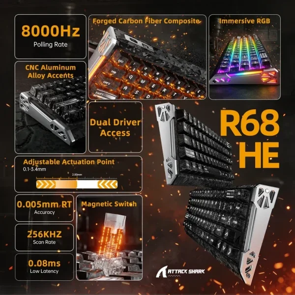 Bežična gaming tastatura Attack Shark R68HE Magnetic Switches/RT/Snap Tap/DKS/MT/TGL/Ink Shade