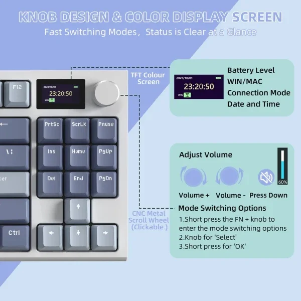 Bežična gaming tastatura Attack Shark K86 Mehanička/TriMode/TFT Screen/Media Control/Lavender Blue