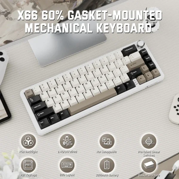 Bežična gaming tastatura Attack Shark X66 Mehanička/TriMode/Multimedia Control/Hot Swap/Cheese White