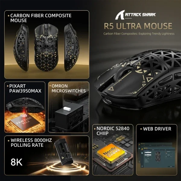 Bežični gaming miš Attack Shark R5Ultra PAW3950MAX/Carbon Fiber/Superlight/8KHz/Omron Switches/Black