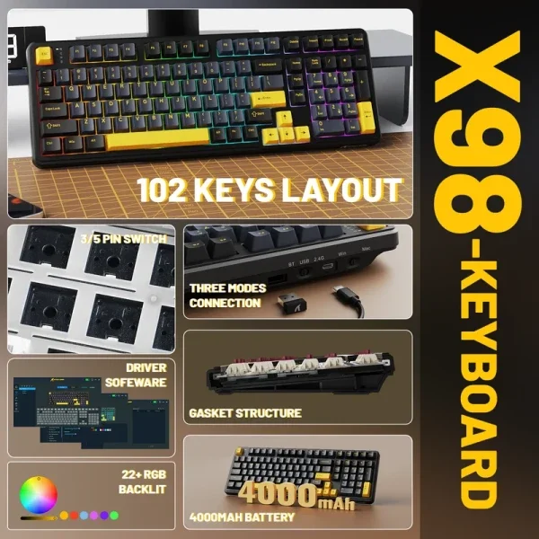 Bežična Gaming tastatura Attack Shark X98 Mehanička/Full Size/TriMode/Gasket/Starry Black