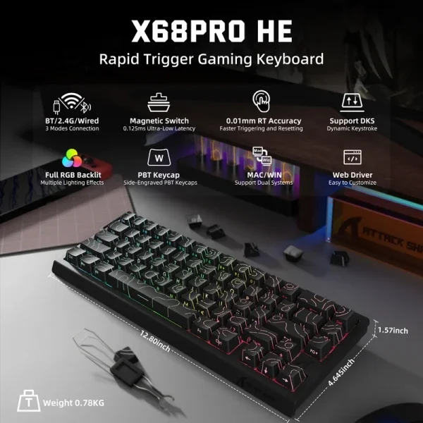 Bežična gaming tastatura Attack Shark X68Pro HE Magnetic Swith/8KHz/TriMode/RT/SnapTap/Black cont