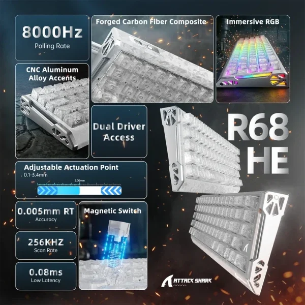 Bežična gaming tastatura Attack Shark R68HE Magnetic Switches/RT/Snap Tap/DKS/MT/TGL/Ice Ninja