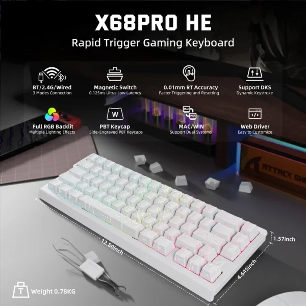 Bežična gaming tastatura Attack Shark X68Pro HE Magnetic Swith/8KHz/TriMode/RT/SnapTap/White cont