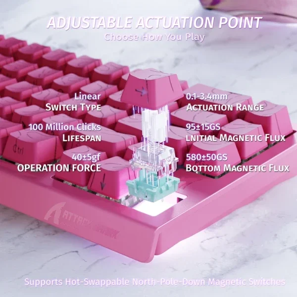 Gaming tastatura Attack Shark X68HE Magnetic Switch/RT/Snap Tap/DKS/MT/TGL/Pink Contour