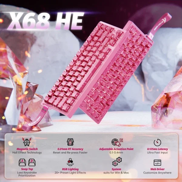 Gaming tastatura Attack Shark X68HE Magnetic Switch/RT/Snap Tap/DKS/MT/TGL/Pink Contour