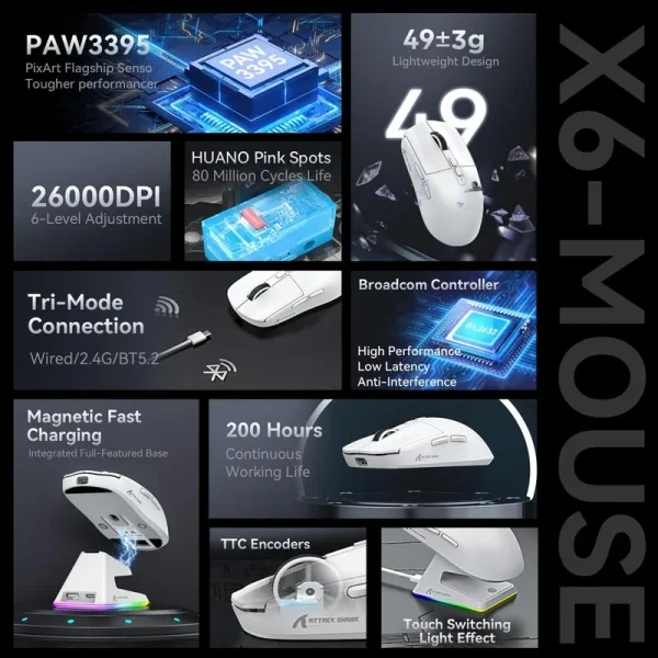 Bežični gaming miš Attack Shark X6 PAW3395/26000 DPI/Superlight/TriMode/White + Charging Dock
