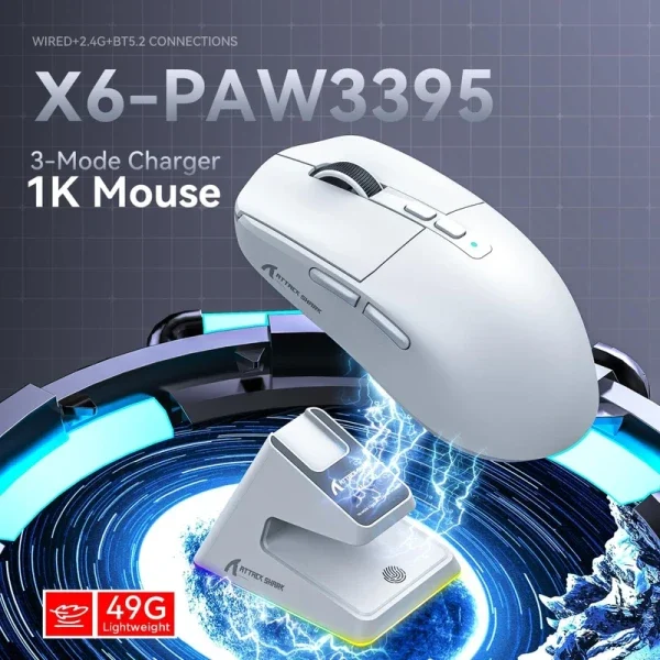 Bežični gaming miš Attack Shark X6 PAW3395/26000 DPI/Superlight/TriMode/White + Charging Dock