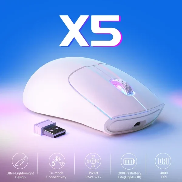 Bežični gaming miš Attack Shark X5 TriMode/Superlight/LongBattery/RGB Click/Ergonomic/White