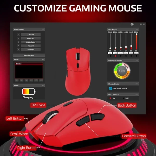 Bežični gaming miš Attack Shark R1 PAW3311/TriMode/Superlight/Ergonomic/Red
